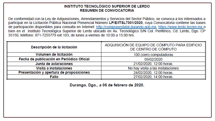 Convocatoria de Licitación Pública Nacional